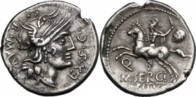 M. Sergius Silus. Fourrée Denarius, 116-115 BC. D/ Helmeted head of Roma right; before, EX. S.C; behind, ROMA and X. R/ Horseman left, holding sword a...
