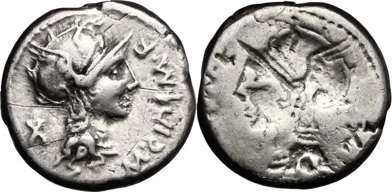 M. Cipius M.f. AR Brockage Denarius, 115 or 114 BC. D/ Helmeted head of Roma rig...