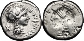 M. Cipius M.f. AR Brockage Denarius, 115 or 114 BC. D/ Helmeted head of Roma right; before, M. CIPI M. F; behind, X. R/ Incuse of obverse. Cr. 289/1; ...