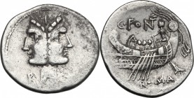 C. Fonteius. AR Denarius, 114-113 BC. D/ Laureate Janiform head of Dioscuri; on left, B and on right, X. R/ C. FONT. Galley with pilot and three rower...