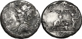 P. Nerva. Fourrée Denarius, 113-112 BC. D/ Helmeted bust of Roma left, holding shield in left hand and spear over shoulder in right; in left field, X....