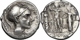 Cn. Blasio Cn. F. AR Denarius, 112-111 BC. D/ Helmeted head right (Scipio Africanus the Elder or Blasio?), X above, CN. BLASIO. CN.F. before and palm ...
