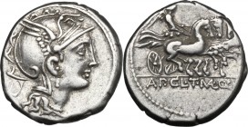 Appius Claudius Pulcher, T. Manlius Mancinus and Q. Urbinius. AR Denarius, 111-110 BC. D/ Helmeted head of Roma right, circle in square behind. R/ Vic...