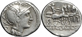 Appius Claudius Pulcher, T. Manlius Mancinus and Q. Urbinius. AR Denarius, 111-110 BC. D/ Helmeted head of Roma right; behind, quadrangular device. R/...