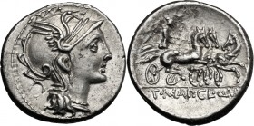 T. Manlius Mancinus, Appius Claudius Pulcher and Q. Urbinius. AR Denarius, 111-110 BC. D/ Helmeted head of Roma right; behind, quadrangular device. R/...