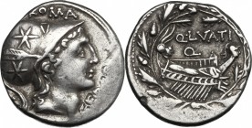 Q. Lutatius Cerco. AR Denarius, 109-108 BC. D/ Head of Roma right, wearing helmet decorated with stars; behind, X; above, ROMA; below chin, CERCO. R/ ...