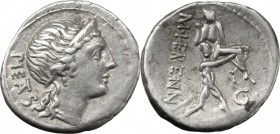 M. Herennius. AR Denarius, 108-107 BC. D/ Head of Pietas right, wearing diadem; behind, PIETAS. R/ M. HERENNI. One of the Catanean brothers running ri...