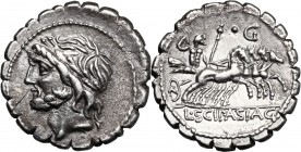 L. Scipio Asiagenus. AR Denarius serratus, 106 BC. D/ Laureate head of Jupiter left; below chin, R and dot. R/ Jupiter driving fast quadriga right; in...