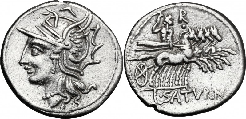 Lucius Appuleius Saturninus. AR Denarius, 104 BC. D/ Helmeted head of Roma left....