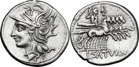 Lucius Appuleius Saturninus. AR Denarius, 104 BC. D/ Helmeted head of Roma left. R/ Saturn in quadriga right; above the horses, R and dot; in exergue,...