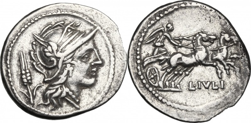 L. Julius. AR Denarius, 101 BC. D/ Helmeted head of Roma right; behind, corn-ear...