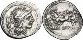 L. Julius. AR Denarius, 101 BC. D/ Helmeted head of Roma right; behind, corn-ear. R/ Victory in biga right, holding reins; below, L.IVLI. Cr. 323/1. B...