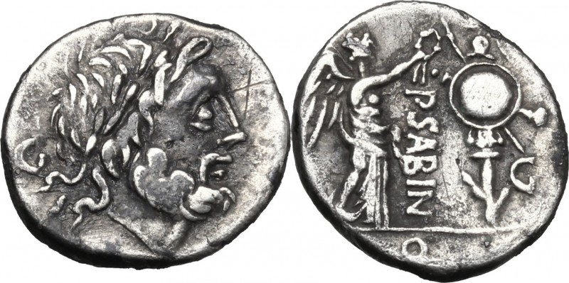 P. Sabinus. AR Quinarius, 99 BC. D/ Laureate head of Jupiter right; behind, G. R...