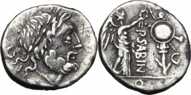 P. Sabinus. AR Quinarius, 99 BC. D/ Laureate head of Jupiter right; behind, G. R/ Victory standing right, crowning trophy; between, P. SABIN; to right...