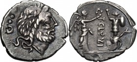 T. Cloelius. AR Quinarius, 98 BC. D/ Head of Jupiter right; behind, inverted G and two dots. R/ Victory standing right, crowning a trophy placed on a ...