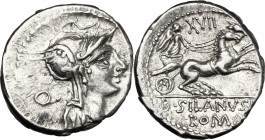 D. Silanus L.f. AR Denarius, 91 BC. D/ Helmeted head of Roma right; behind, O. R/ Victory in biga right; above, XVII; in exergue, D. SILANVS L.F/ROMA....