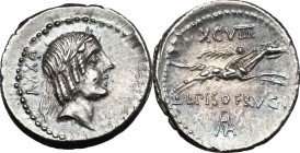 L. Calpurnius Piso Frugi. AR Denarius, 90 BC. D/ Laureate head of Apollo right; behind, LXXV. R/ Horseman galloping right, holding palm; above, XCVIII...