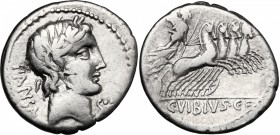 C. Vibius C.f. Pansa. AR Denarius, circa 90 BC. D/ PANSA. Laureate head of Apollo right; below chin, fractional sign. R/ Minerva in fast quadriga righ...