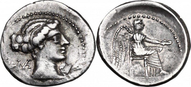 M. Cato. AR Denarius, 89 BC. D/ Diademed and draped female bust right; behind, R...