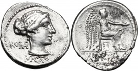 M. Cato. AR Denarius, 89 BC. D/ Draped female bust right, hair tied with band; behind, ROMA; below, IMP CATO. R/ Victory seated right, holding patera ...