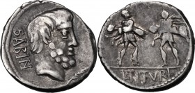L. Titurius L. f. Sabinus. AR Denarius, 89 BC. D/ Bearded head of King Tatius right; before, palm-branch; behind, SABIN. R/ Rape of the Sabine women; ...