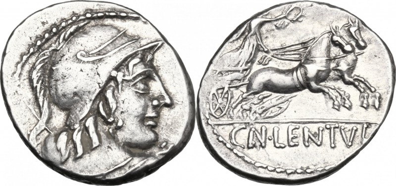 Cn. Lentulus Clodianus. AR Denarius, 88 BC. D/ Helmeted bust of Mars, seen from ...