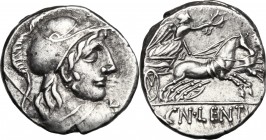 Cn. Lentulus Clodianus. AR Denarius, 88 BC. D/ Helmeted bust of Mars, seen from behind, head right. R/ Victory in biga right; in exergue, CN. LENTVL. ...