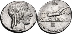 C. Censorinus. AR Denarius, 88 BC. D/ Diademed head of Apollo right. R/ Horse galloping right; above, M; below, C CENSORI; in exergue, II. Cr. 346/2b;...