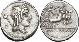 L. Julius Bursio. AR Denarius, 85 BC. D/ Male head right, with the attributes of Apollo, Mercury and Neptune; behind, human ear (?); dot below neck tr...