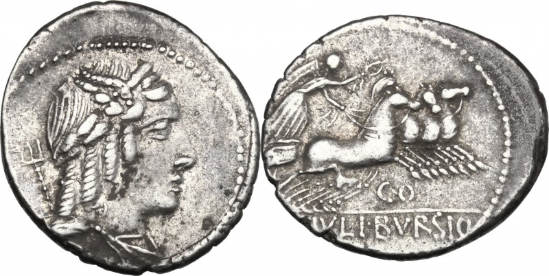 L. Julius Bursio. AR Denarius, 85 BC. D/ Male head right, with the attributes of...