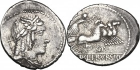 L. Julius Bursio. AR Denarius, 85 BC. D/ Male head right, with the attributes of Apollo, Mercury and Neptune; behind, [uncertain control-mark]. R/ Vic...