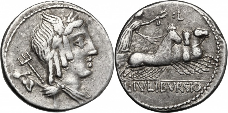 L. Julius Bursio. AR Denarius, 85 BC. D/ Male head right, with the attributes of...