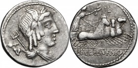 L. Julius Bursio. AR Denarius, 85 BC. D/ Male head right, with the attributes of Apollo, Mercury and Neptune; behind, anchor (?). R/ Victory in quadri...