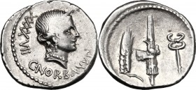 C. Norbanus. AR Denarius, 83 BC. D/ Diademed head of Venus right; behind, XXXXVII; below, C. NORBANVS. R/ Ear of corn, fasces with axe and caduceus. C...