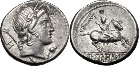 Pub. Crepusius. AR Denarius, 82 BC. D/ Laureate head of Apollo right, sceptre over shoulder; behind, H; below chin, poppy-head. R/ Horseman galloping ...