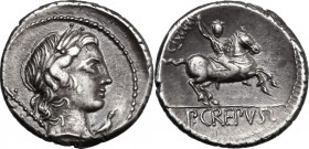 Pub. Crepusius. AR Denarius, 82 BC. Obv. Rev. AR. g. 4.03 mm. 19.00 Good EF. D/ Laureate head of Apollo right, sceptre over shoulder;behind, C; below ...
