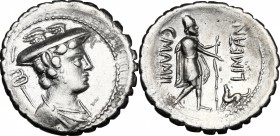 C. Mamilius Limetanus. AR Denarius serratus, 82 BC. D/ Draped bust of Mercury right, wearing winged petasus; caduceus over left shoulder; above, I. R/...