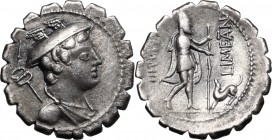 C. Mamilius Limetanus. AR Denarius serratus, 82 BC. D/ Draped bust of Mercury right, wearing winged petasus; caduceus over left shoulder; above, I. R/...