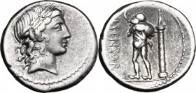 L. Censorinus. AR Denarius, 82 BC. D/ Laureate head of Apollo right. R/ L. CENSOR. The satyr Marsyas, standing left, with right arm raised and holding...