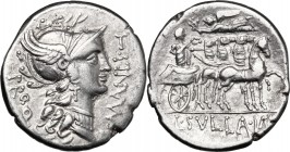 L. Manlius Torquatus. AR Denarius, 82 BC. D/ L. MANLI -I PRO. Q. Helmeted head of Roma right. R/ Sulla in walking quadriga right, crowned by Victory w...