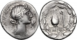 Q. Caecilius Metellus Pius. AR Denarius, 81 BC. D/ Diademed head of Pietas right; before, stork. R/ Jug and lituus; in exergue, IMPER. All within wrea...