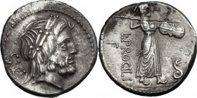 L. Procilius. AR Denarius, 80 BC. D/ Laureate head of Jupiter right; behind, S.C. R/ Juno Sospita standing right, holding shield and hurling spear; at...