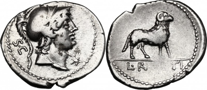 L. Rustius. AR Denarius, 76 BC. D/ Helmeted head of young Mars right; behind, SC...