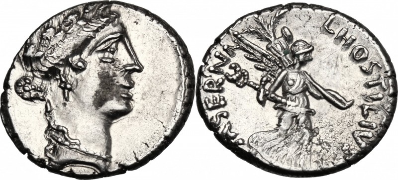 L. Hostilius Saserna. AR Denarius, 48 BC. D/ Female head right, wearing oak-wrea...