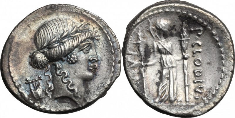 P. Clodius M.f. Turrinus. AR Denarius, 42 BC. D/ Laureate head of Apollo right; ...