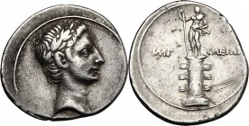 Octavian, Triumvir. AR Denarius, autumn 30 - summer 29 BC. D/ Laureate head of Octavian, as Apollo, right. R/ Rostral column ornamented with two ancho...