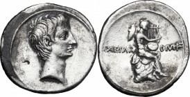 August (27 BC-14 AD). AR Denarius, c. 28 BC. D/ Bare head right. R/ Mercury as lyrist, seated right on rock, petasus slung behind; CAESAR-DIVI F acros...