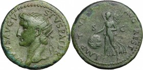 Divus Augustus (died 14 AD). AE Dupondius, struck under Titus, 80-81 AD. D/ DIVVS AVGVSTVS PATER. Radiate head right. R/ IMP T VESP AVG REST SC. Victo...