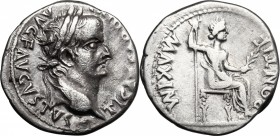 Tiberius (14-37 d.C.). AR Denarius, 14-37 AD. Lugdunum mint. D/ TI CAESAR DIVI AVG F AVGVSTVS. Laureate head right. R/ PONTIF MAXIM. Livia (as Pax) se...
