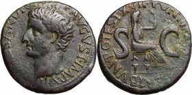 Tiberius (14-37 AD). AE As, 15-16 AD. D/ [TI CAE]SAR DIV[I AVG] F AVGVST IMP VII. Bare head left. R/ PONTIF [MAXIM T]RIBVN POTEST XVII. Livi seated ri...
